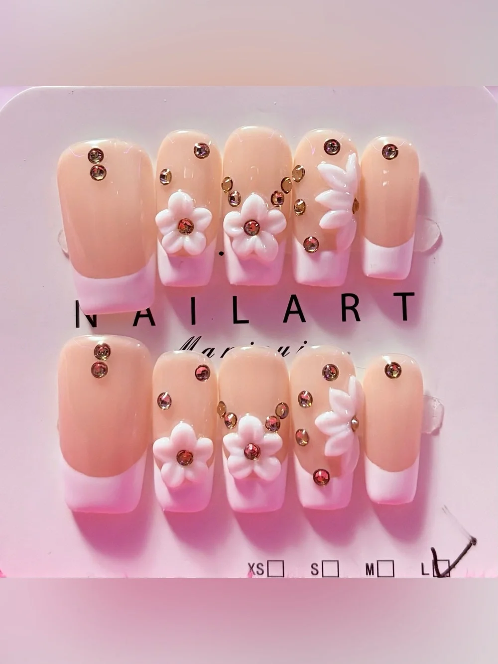 Nude Pink 3D Floral Press-On Nails with Rhinestones